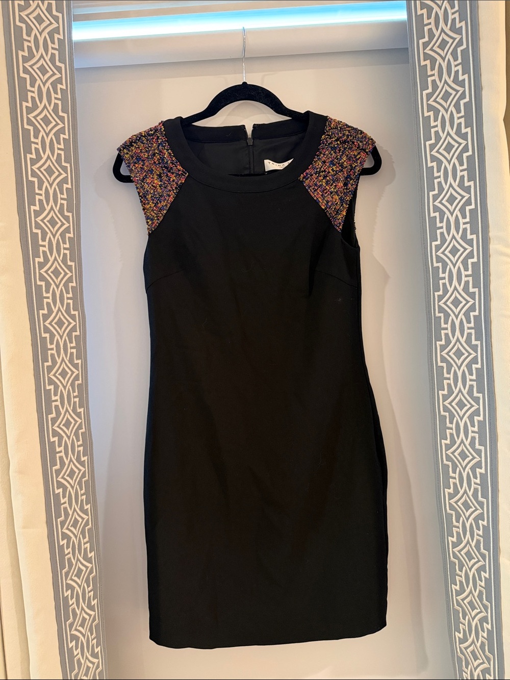 Trina Turk Black Sheath Dress with Multicolor Tweed Shoulders